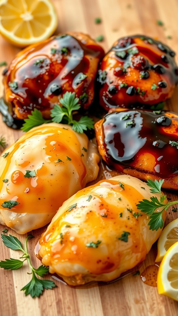 8 Flavorful Chicken Marinade Recipes for Juicy Chicken Breasts Marinated chicken breasts in various flavors on a cutting board with herbs and citrus.